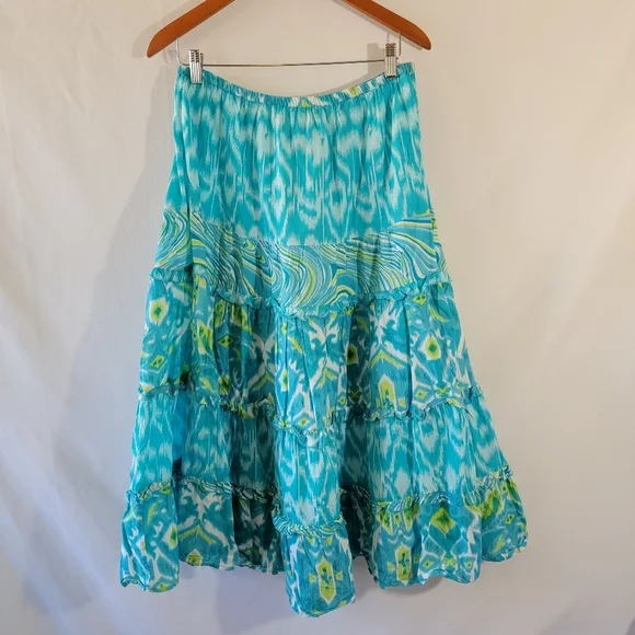 VTG Choices Blue Tiered Maxi Skirt Sz M Cotton Elastic Waist Cottagecore Boho - Picture 2 of 11